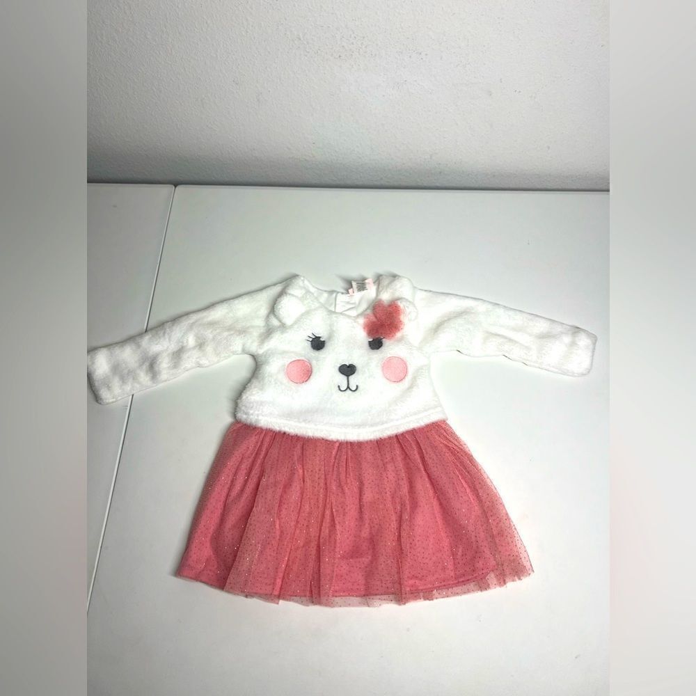 LITTLE LASS 18 Month Cat Baby Shirt Fleece Net Fall Orange Peach White Smock